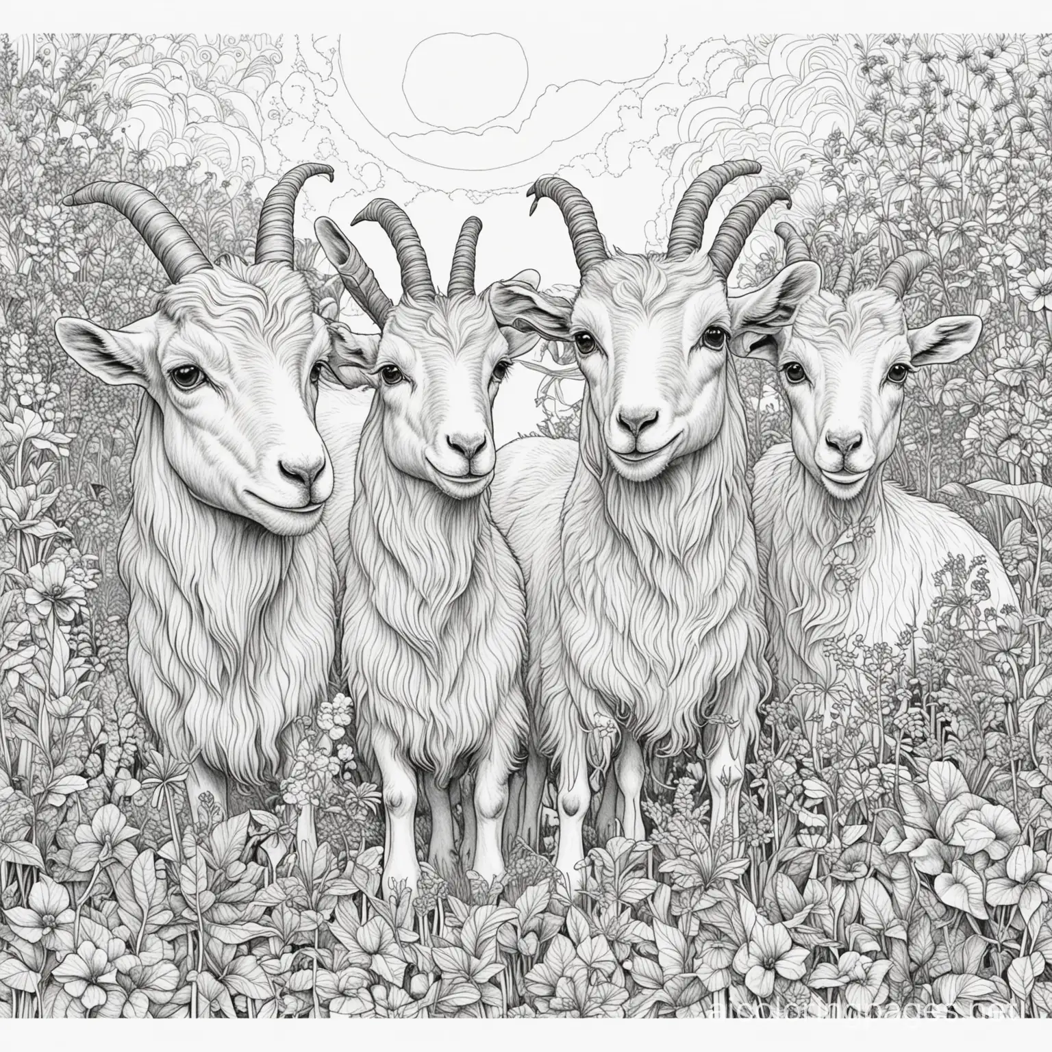 goats high on psychedelics, Coloring Page, black and white, line art, white background, Simplicity, Ample White Space. The background of the coloring page is plain white to make it easy for young children to color within the lines. The outlines of all the subjects are easy to distinguish, making it simple for kids to color without too much difficulty