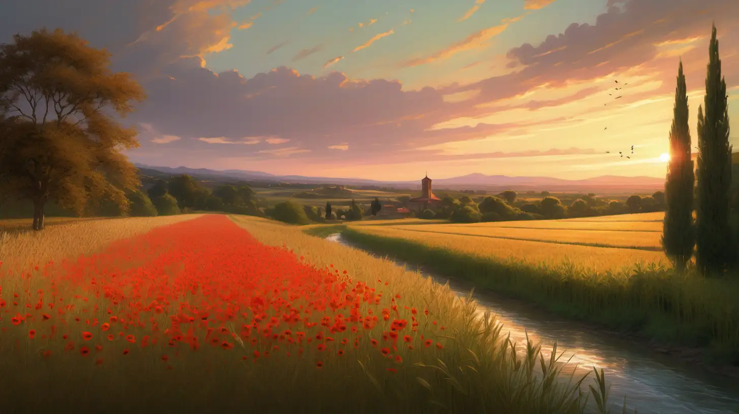 Tranquil Sunset Over Golden Wheat Field and Bell Tower Grove