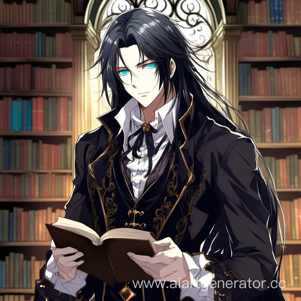male anime character with long dark hair and heterochromia, in a library reading a book, dressed in a gothic costume