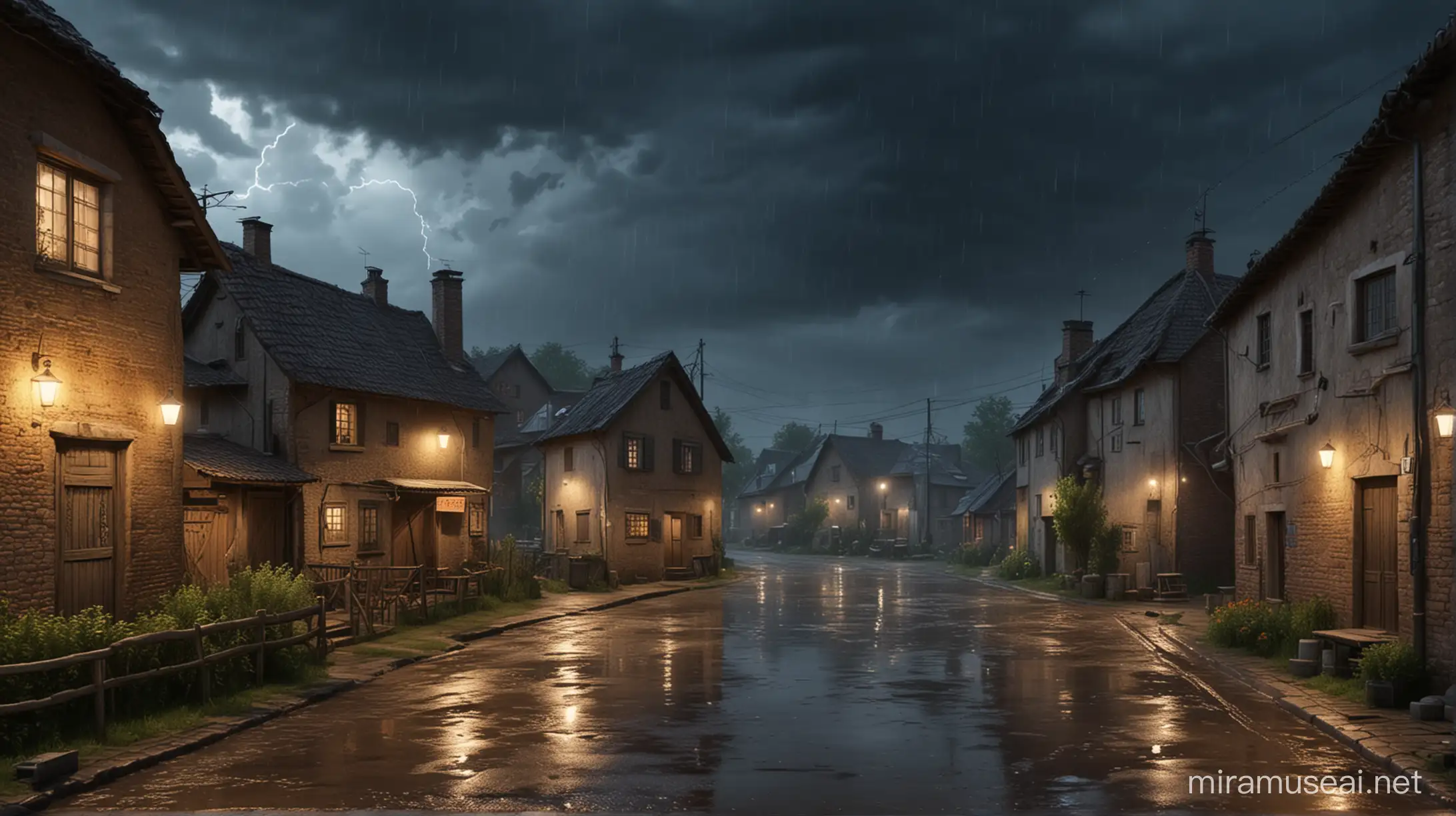 Rainy Night Village Scene with Cloudy Sky