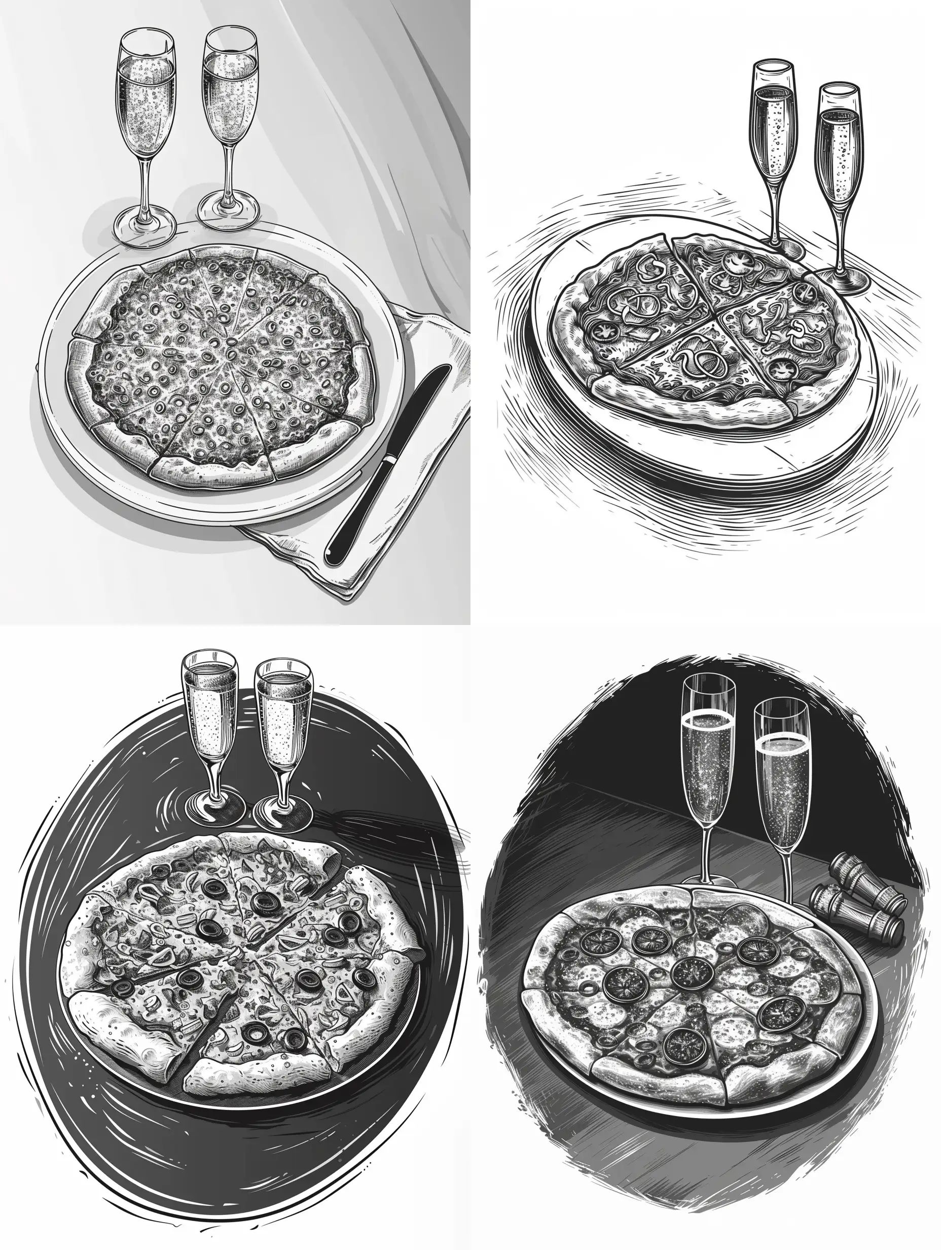 иллюстрация овальная целая пицца на столе и два бокала шампанского рядом в стиле минимализм, вектор, чёрно-белая