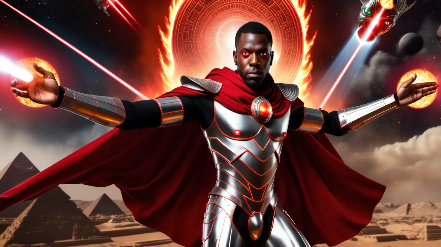 Black man in silver armor with cape flying towards the screen shooting red lasers from his eyes with ancient Egypt on fire and ufos in background