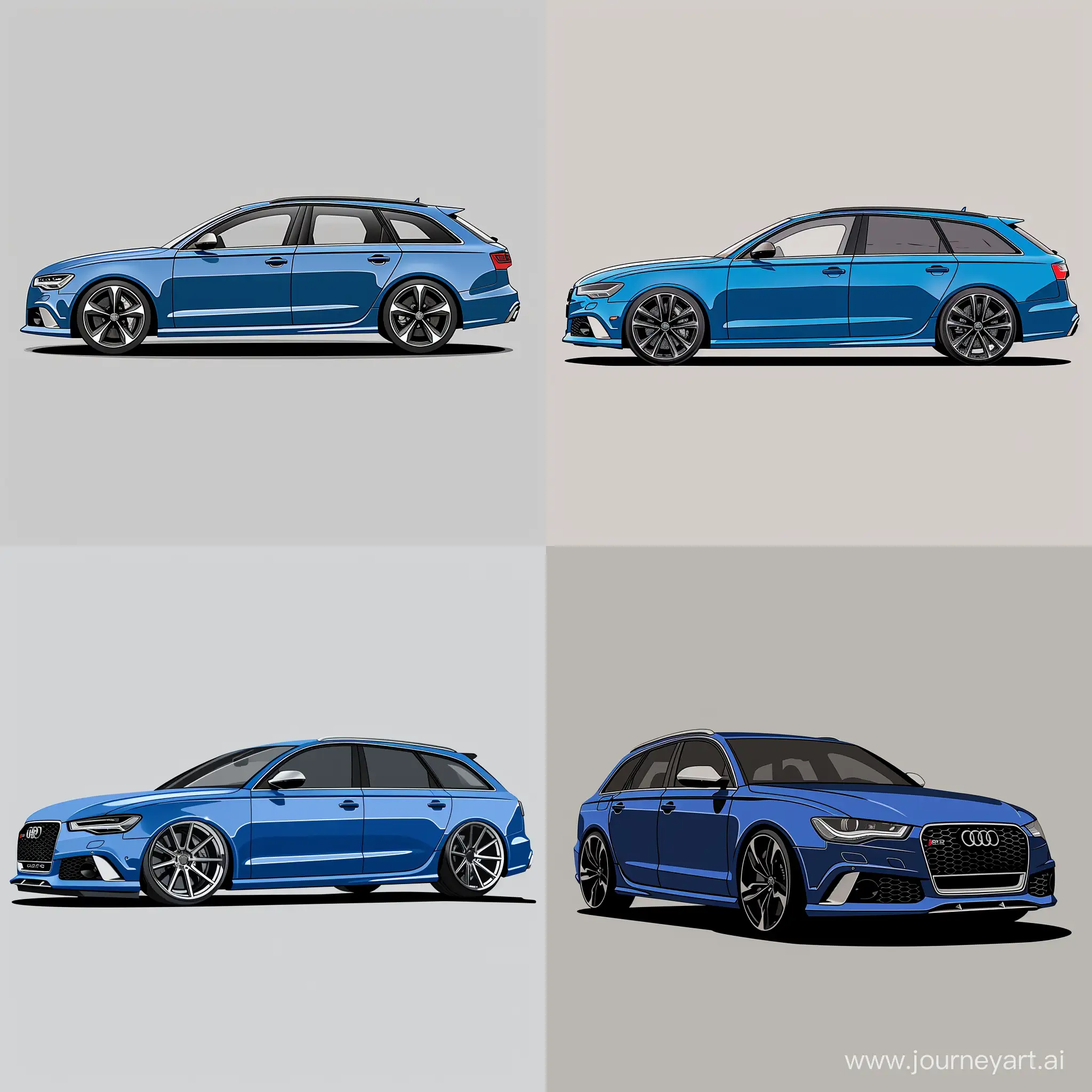 Minimalism 2D Illustration of Car 2/3 View: Bold Blue Audi RS6, Simple Gray Background, Adobe Illustrator Software, High Precision