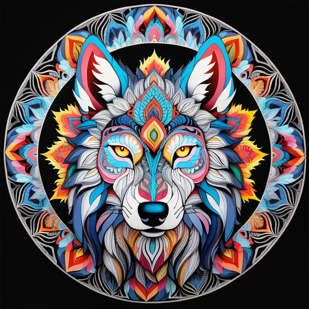 Colored page with An wolf head in the center of a very vivid colored detailed and very defined 3d mandala on a black background