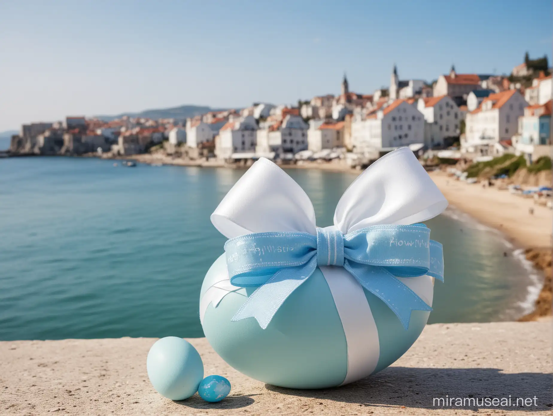 uovo di pasqua con colori bianco e azzurro con fiocco. Sullo sfondo una città di mare.
