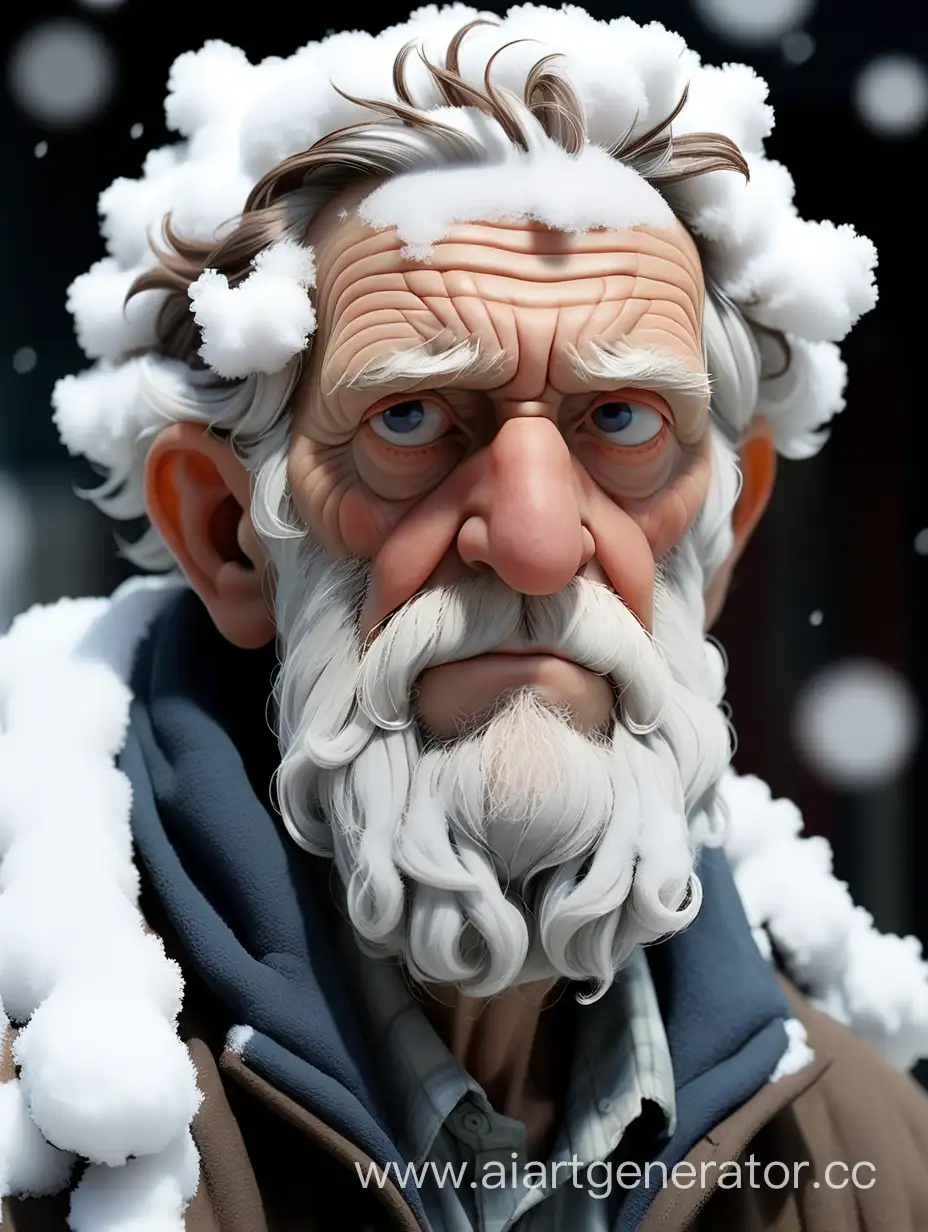 Old man with snow on his hair looking toward viewer