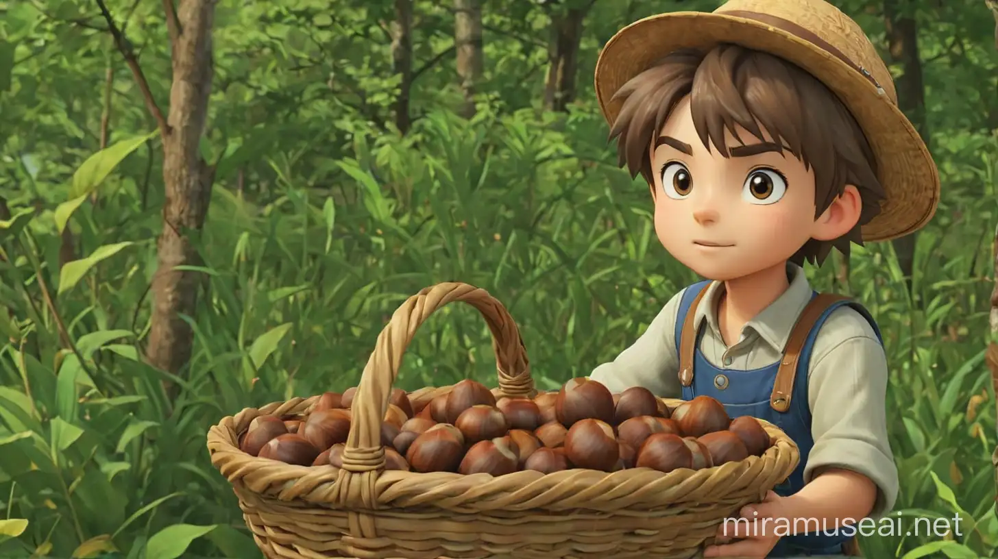Rustic Boy with Chestnut Baskets in Harvest Moon Setting
