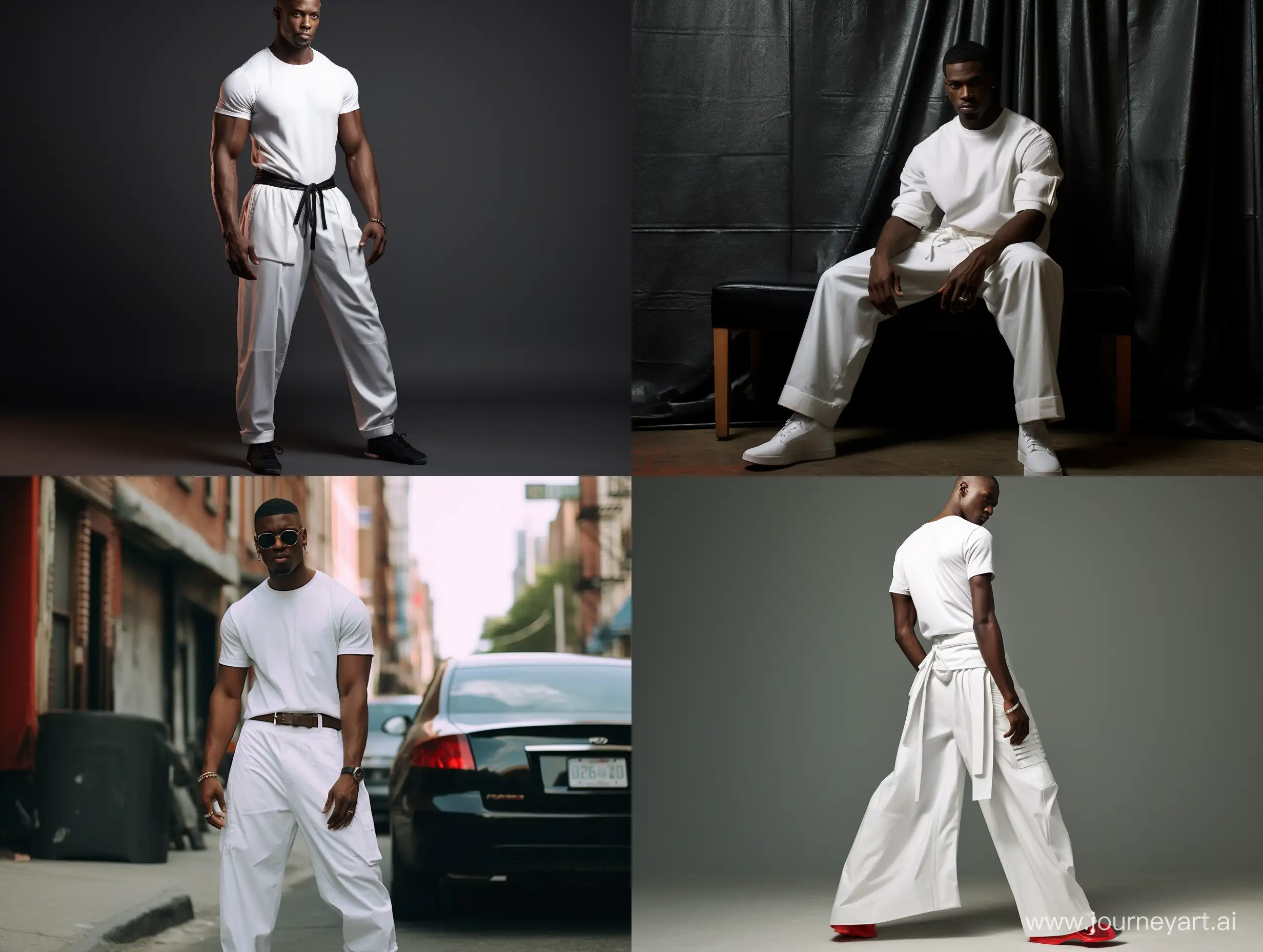 Stylish-Black-American-Man-in-Fashionable-Attire-with-Oversized-White-Taekwondo-Pants