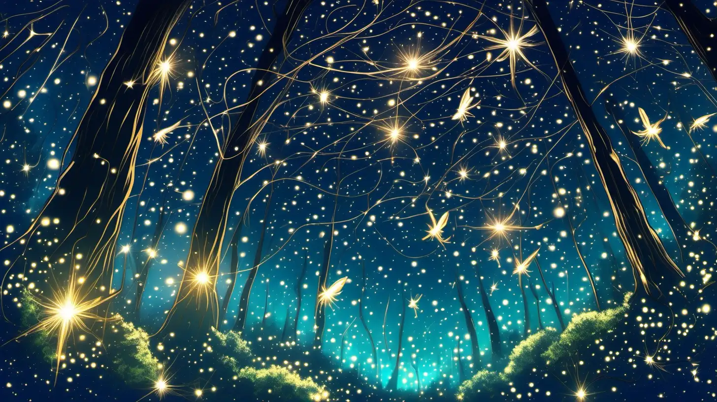 in anime style,  a mystical forest realm with  Fireflies, resembling tiny stars, flyin through the air in graceful patterns, weaving a living tapestry of light that mirrors the constellations above.