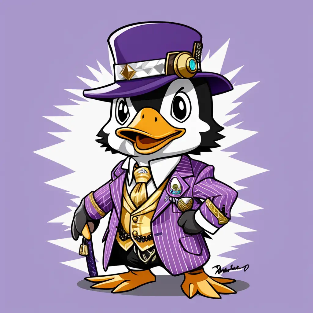 Chibi Penguin Akwardo Penguson Esquire MD Reginald the 3rd Phonzerelli McQuack in Stylish Purple Pimp Attire with Feathered Hat