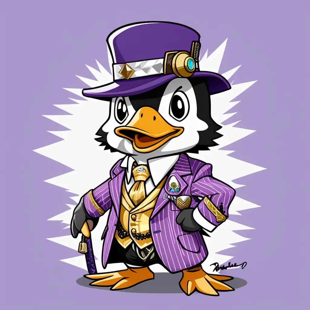 Akwardo Penguson Esquire MD Reginald the 3rd Phonzerelli McQuack with a pimp hat and pimp suit,  feather in hat, purple, anime, chibi