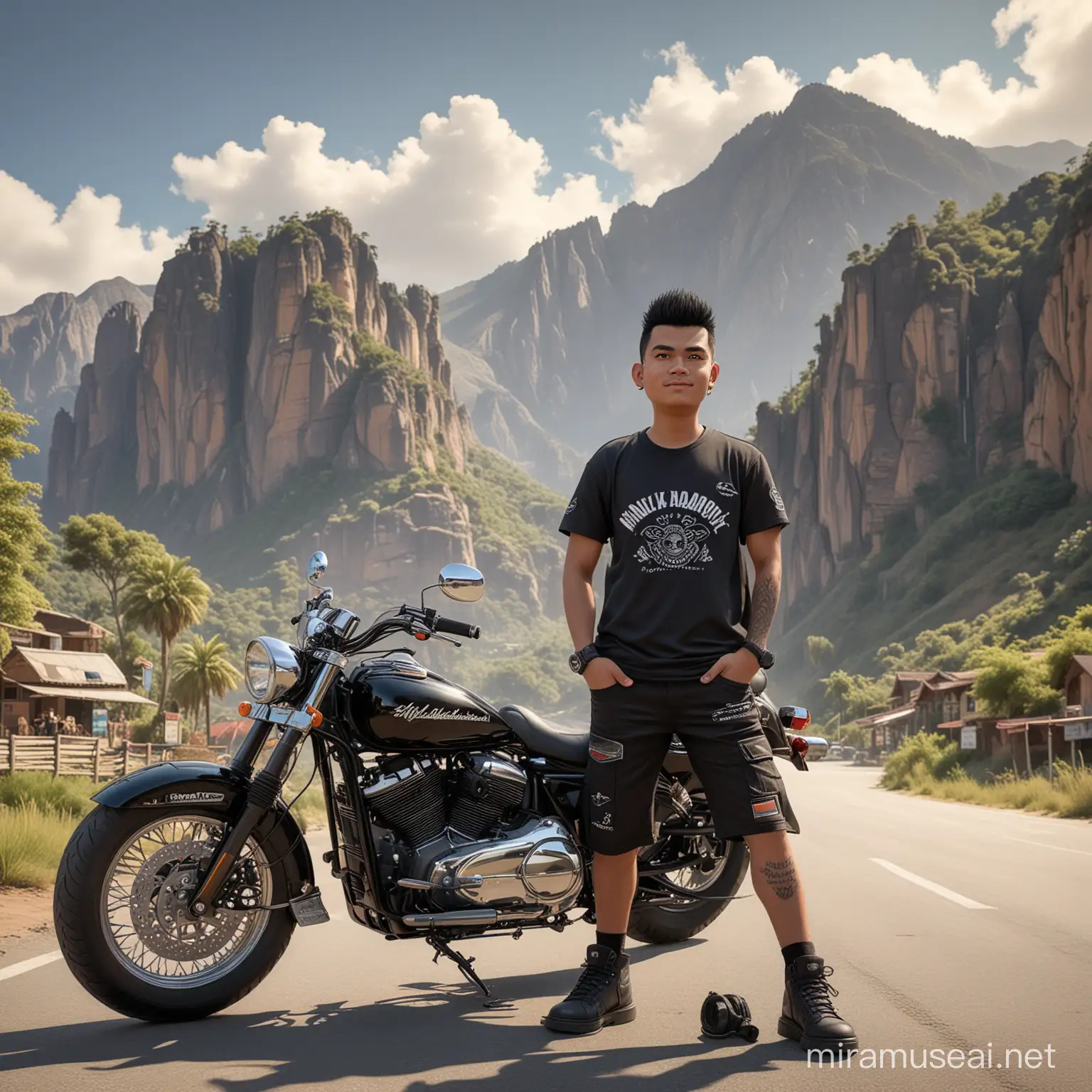 Cool Indonesian Man with Mohawk Hairstyle Standing by HarleyDavidson Motorcycle in Mountain Scene