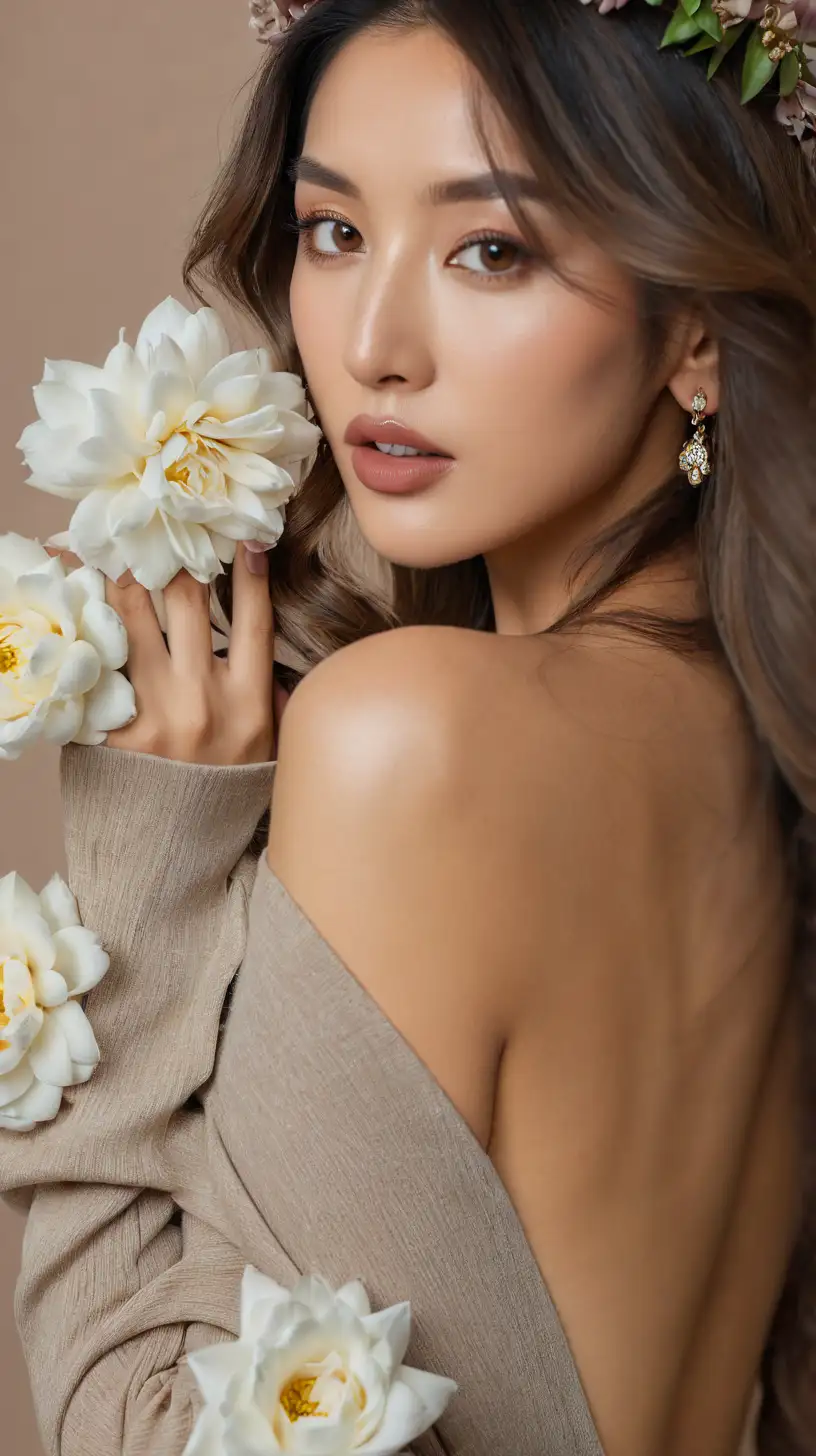 photoshoot with beige background of beautiful euro-asian woman, dressed nicely, nice jewelry, beautiful big matte taupe lips, makeup, long balayage wavy hair, with captivating eyes and a passionate expression, wearing flower crown, ultra-realistic