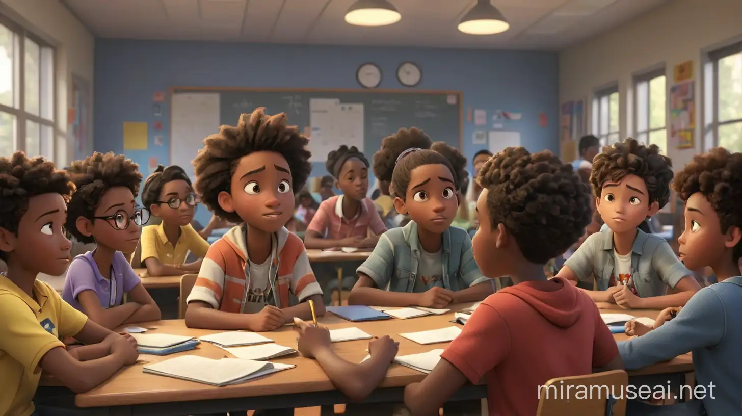create an image of 8th-grade African-American students  in small groups sitting at their desk in a  circle  having a brief discussion spread out in the classroom. Disney- Pixar style illustration
3D, 4k