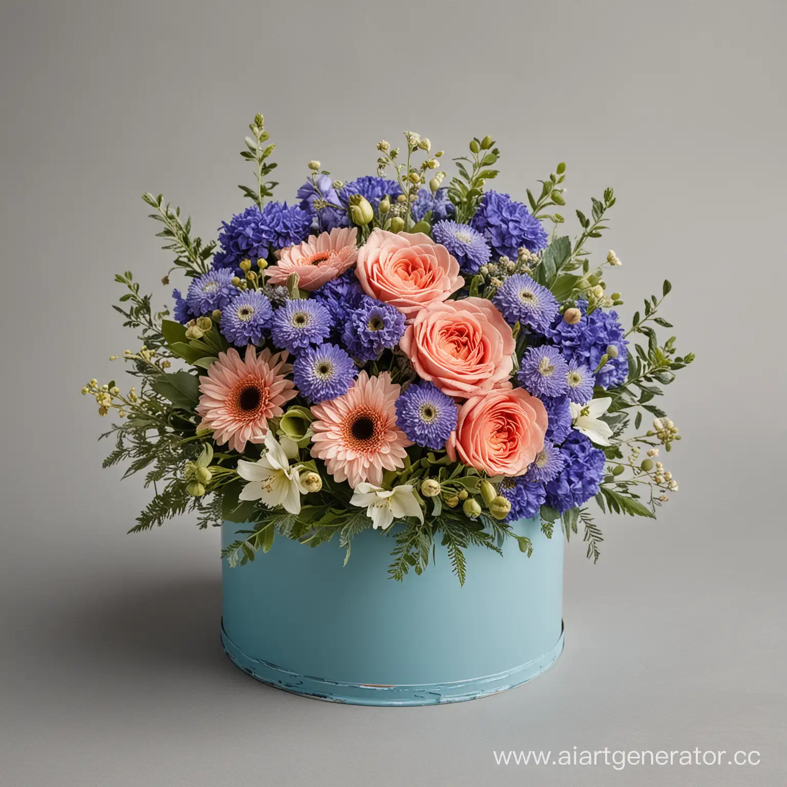 букет цветов в круглой коробке голубого цвета, на нейтральном сером фоне