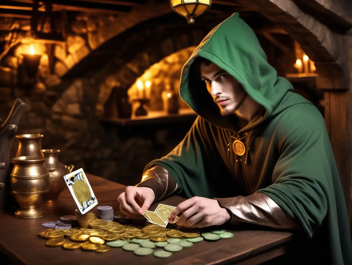 Handsome 22 year old male half elf wearing a hooded cloak in a medieval tavern but naked under the hoodie, betting gold Bitcoins in card games, short beard, mysterious in a detailed fantasy style with bitcoins guldens