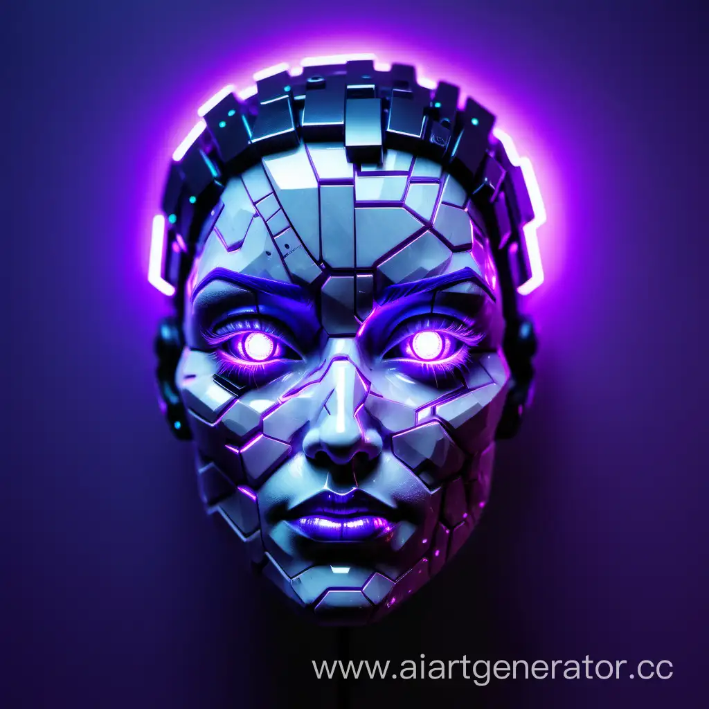 Лицо из кварца в стиле киберпанка с фиолетовым свечениям 