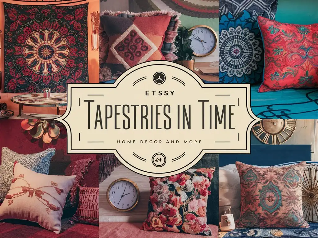 eye catching  business banner for an etsy shop that focuses on home decor tapestries, throw pillows and wall clocks . Home decor 
 Shop name is Tapestries in Time  Home Decor and More


