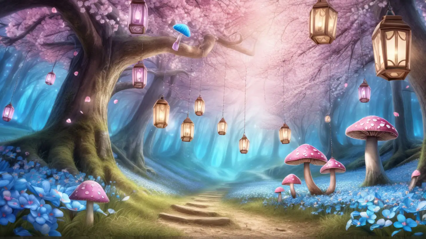 Enchanted Cherry Blossom Forest with Luminous Fairytale Lanterns and Vivid Blue Pink Flowered Mushrooms