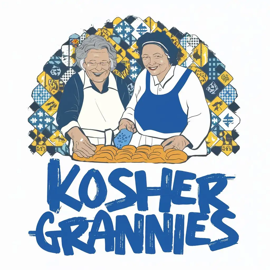 logo, Israel, yellow, blue, white, smiling Jewish orthodox grannies cooking challah, clean, reduced, simple, Paul Klee, with the text 'Kosher Grannies', in Portuguese tiles, typography, be used in Automotive industry
