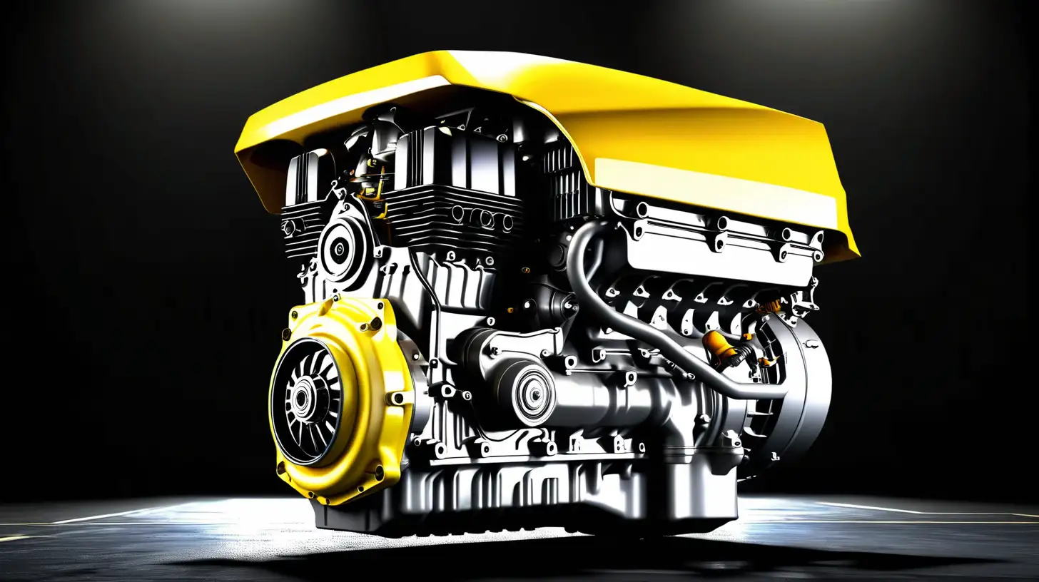 A plain realistic huge new next gen car engine alone, on a dark stage waiting to be revealed, with a touch of yellow, to make it conspicous, make it a secondary image. Please note, no car design,  just engine