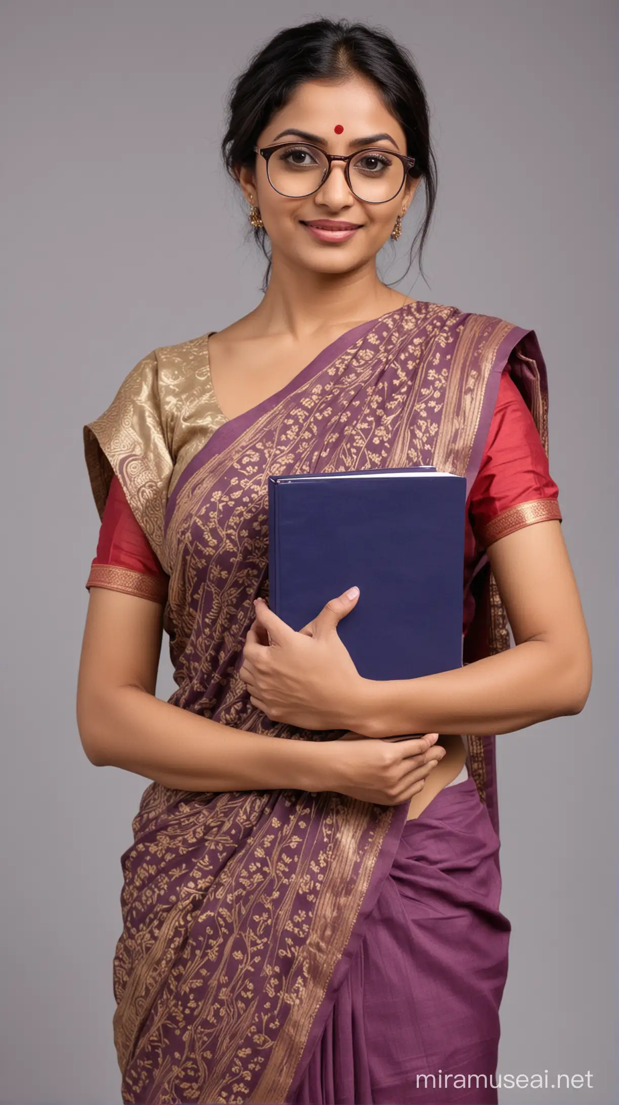 Indian Teacher in saree and eyeglasses  holding notebooks in hand standing face front 