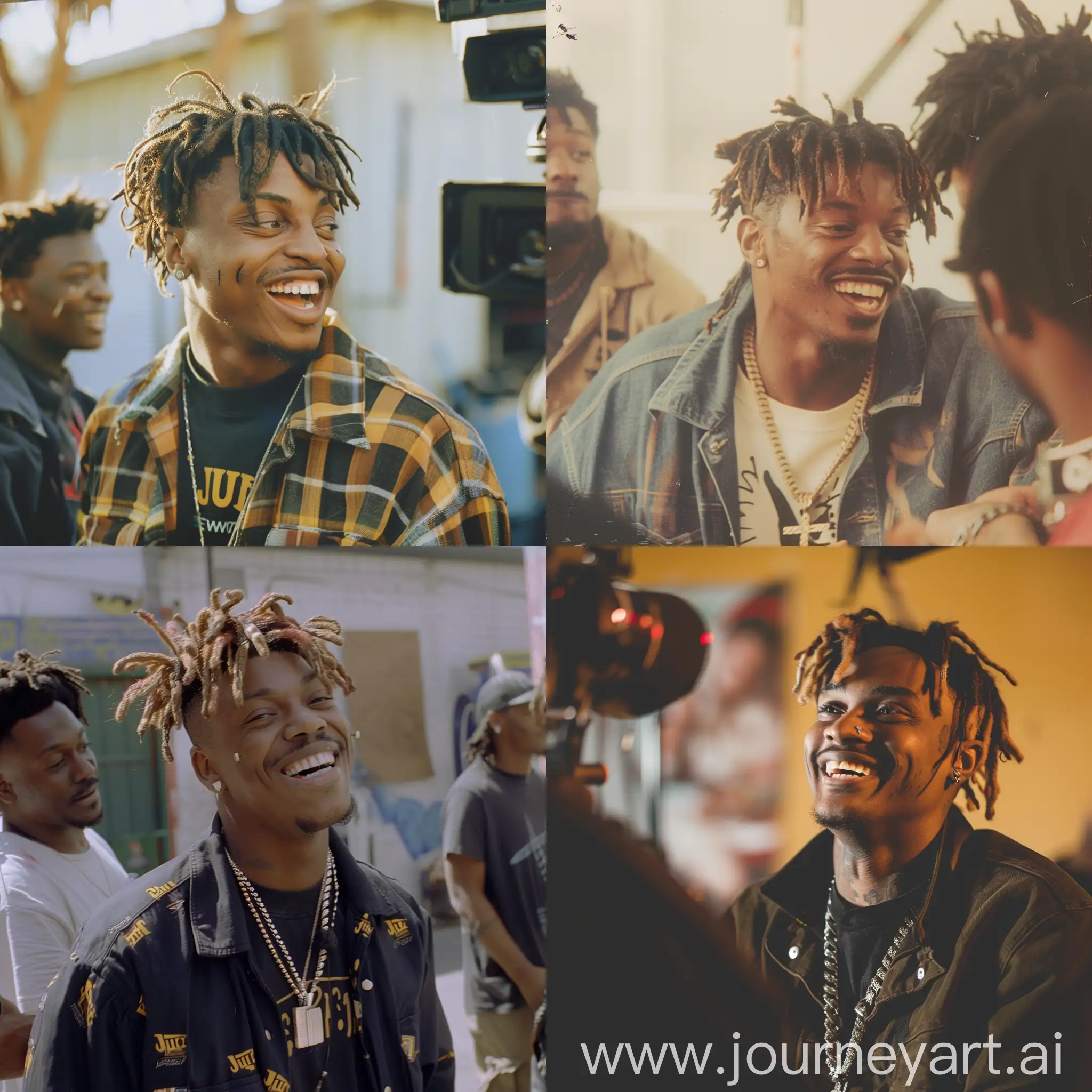 A 1990s photo of Juice Wrld in a movie Behind the Scenes,he laughing at a joke. 