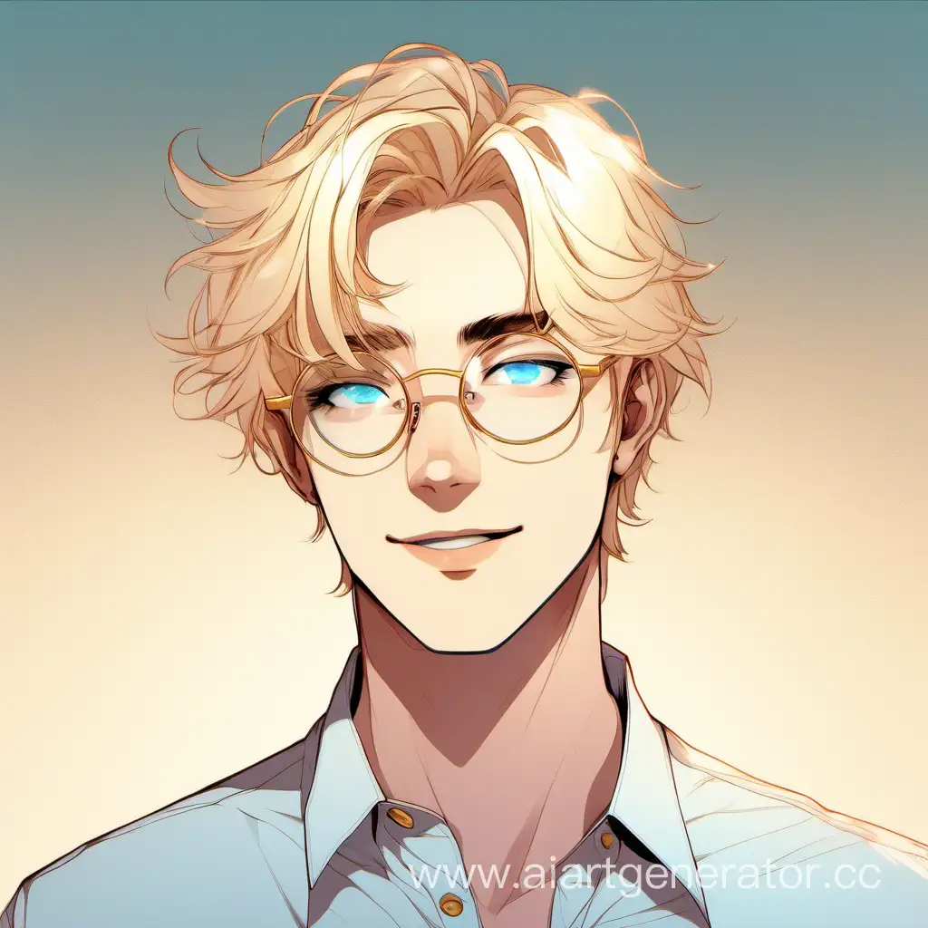 A guy of about seventeen with blond hair and light blue eyes, wearing round glasses with gold frames, with a pretty face, Englishman