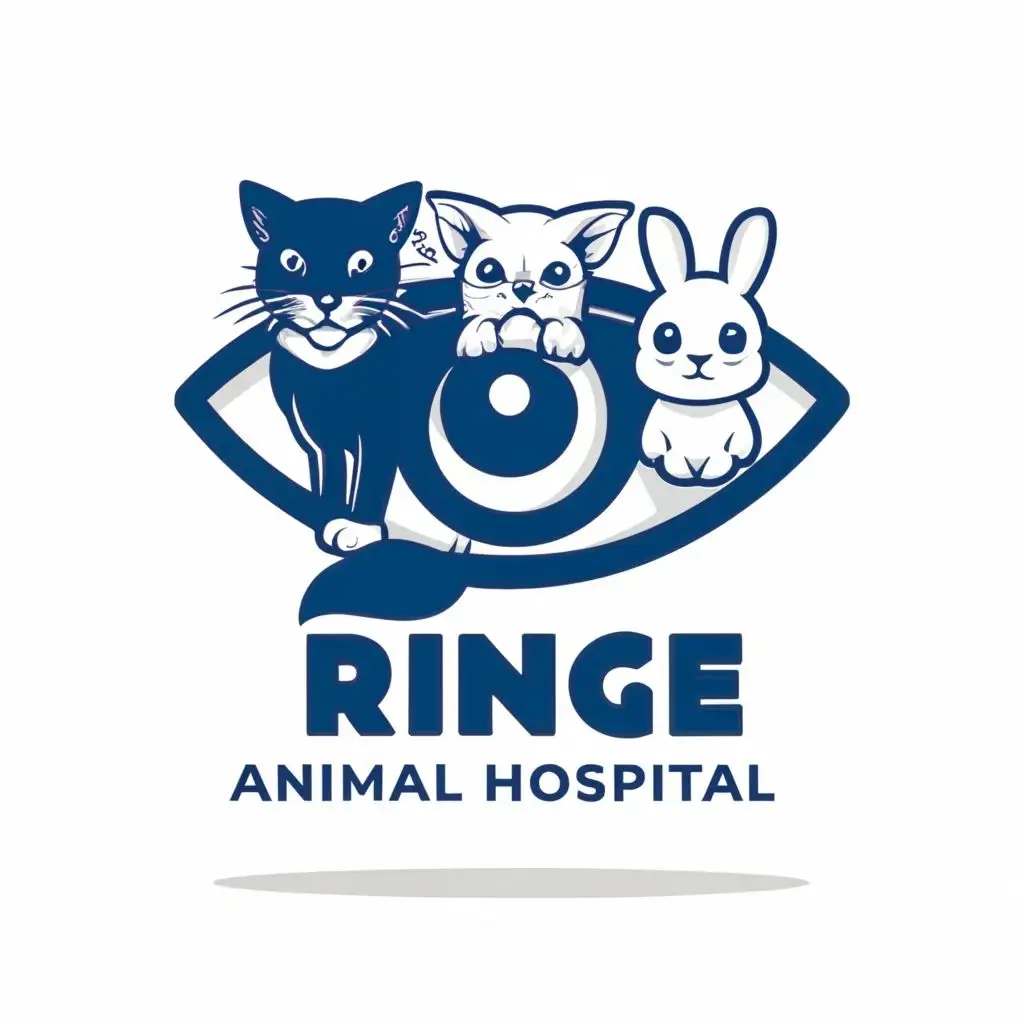 a cat, a dog and rabbit inside an eye. only three animals. simple logo. blue colors, typography, be used in Medical Dental industry, with the text "Ringe Animal Hospital", typography, be used in Medical Dental industry