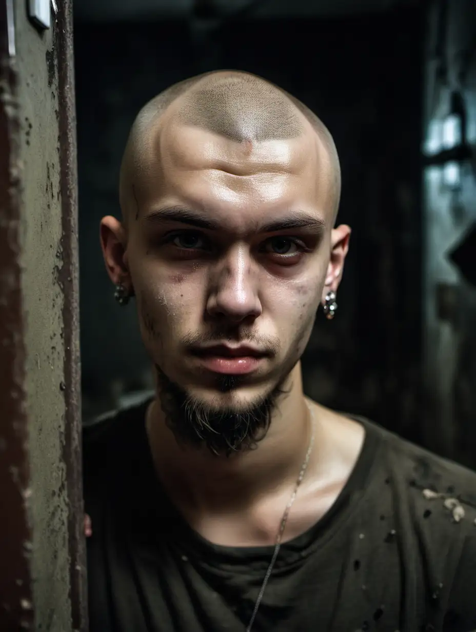 portrait of confident slavic young man, short full beard, shaved head, earrings piercing, in dark dirty abandoned bathroom