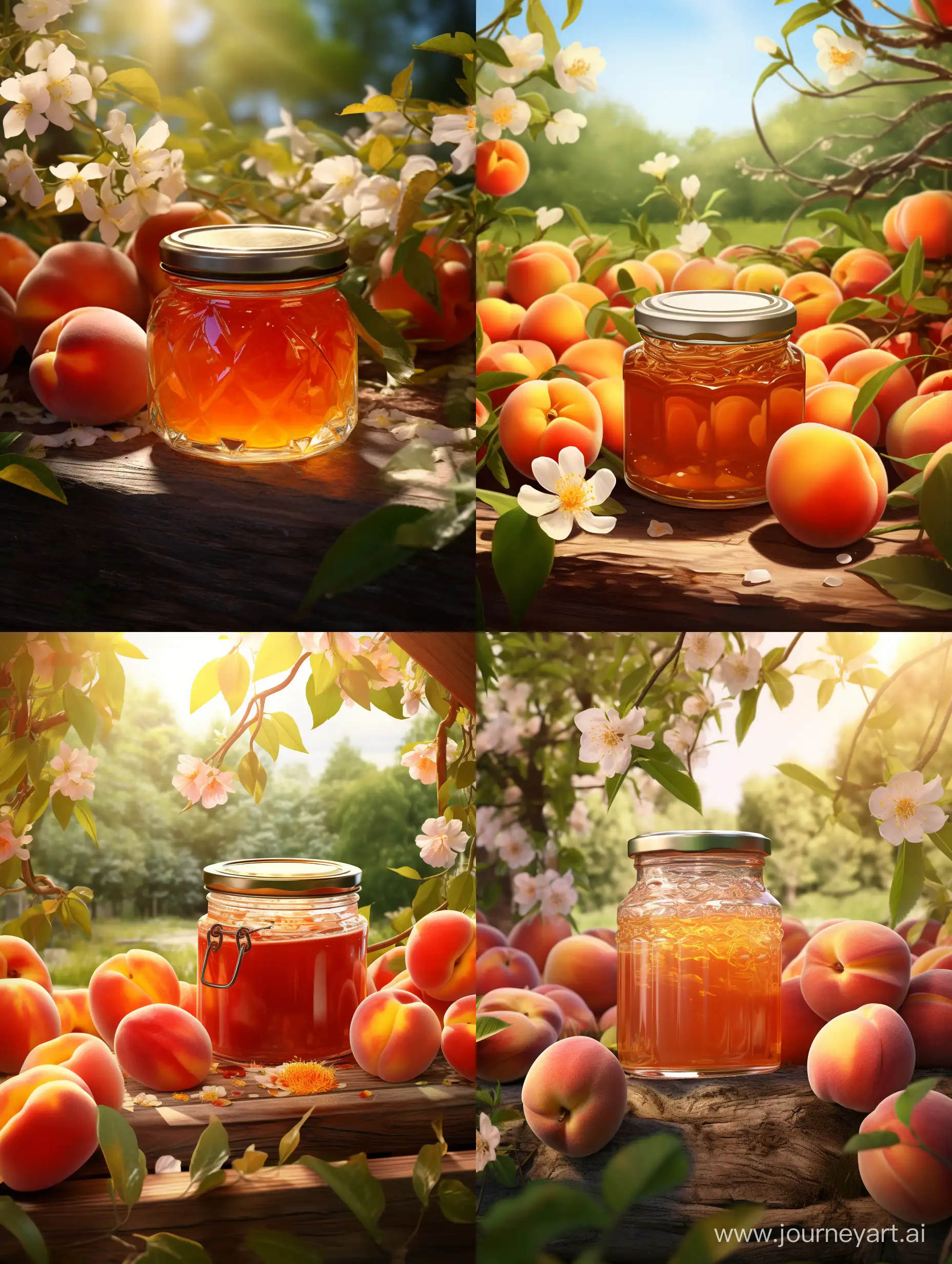 a jar of peach jam on the ground in middle of a peach garden. high quality, high precision, high details.
