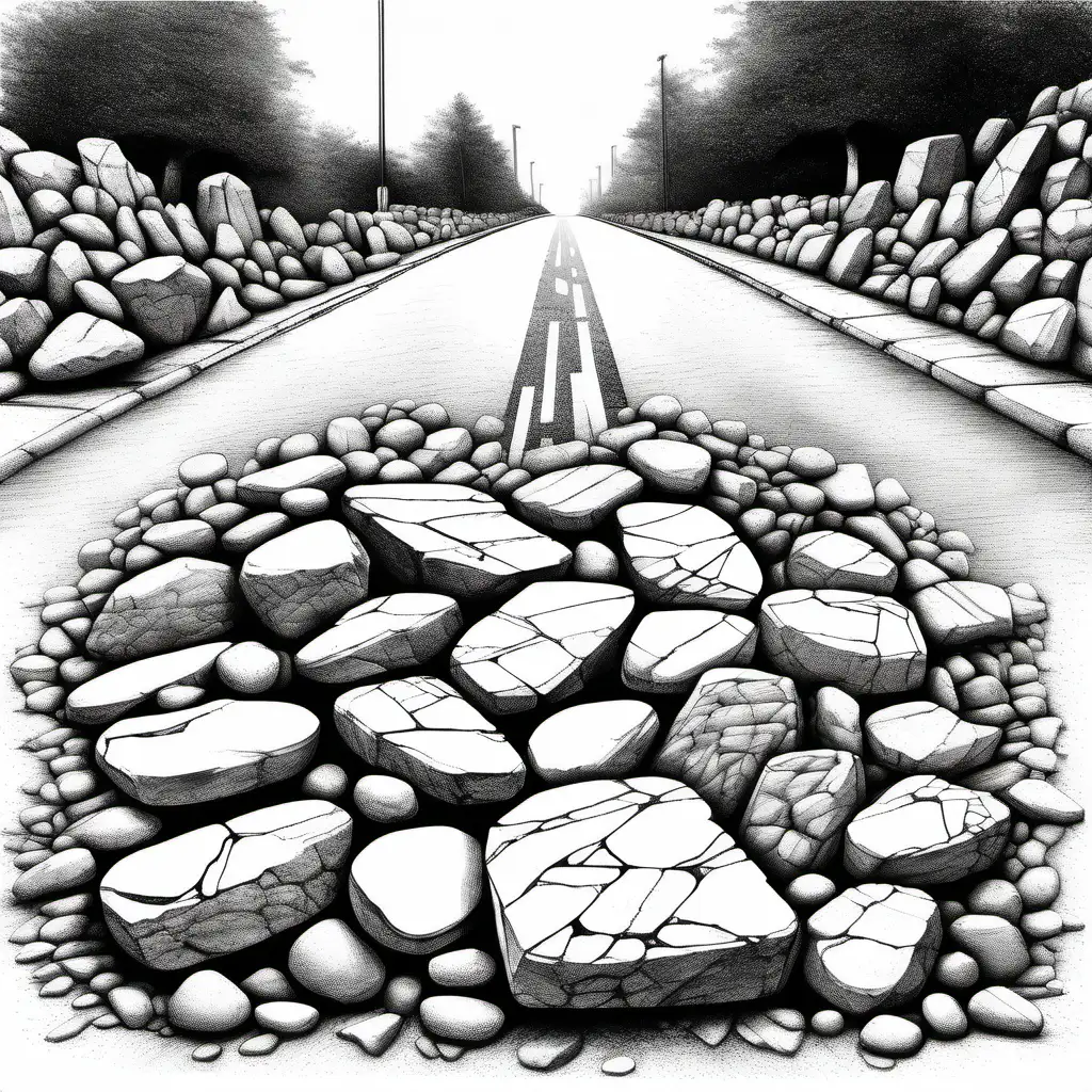 Create a hand sketch of stones blocking the road.

All the drawing should fit in the image.
No colors. White background. No shades
