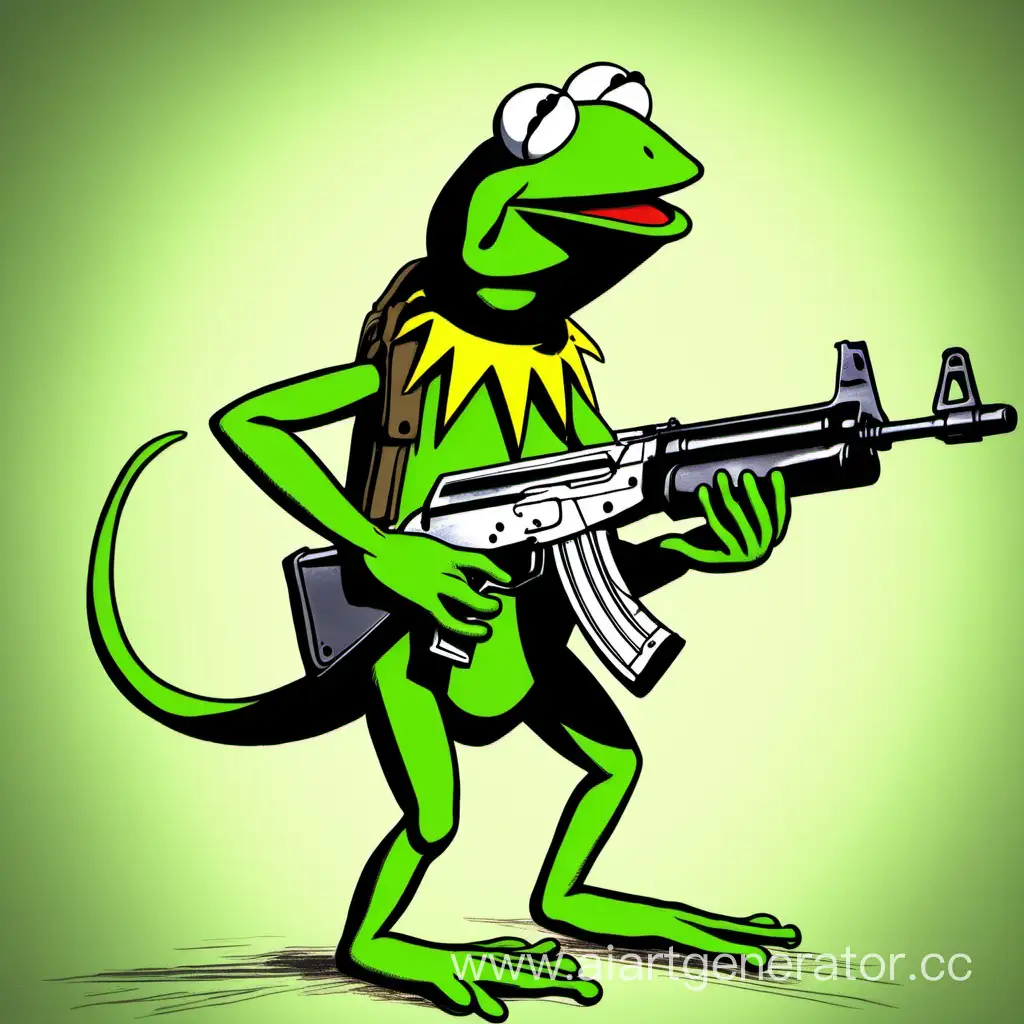 Кермит зелёный лягушонок стреляет из АК-47 с улыбкой на лице. 