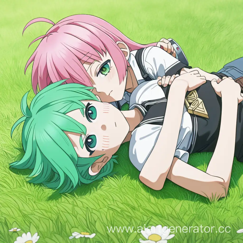 Anime boy with green hair lies on the grass, and in an embrace with him lies an anime girl with pink hair.