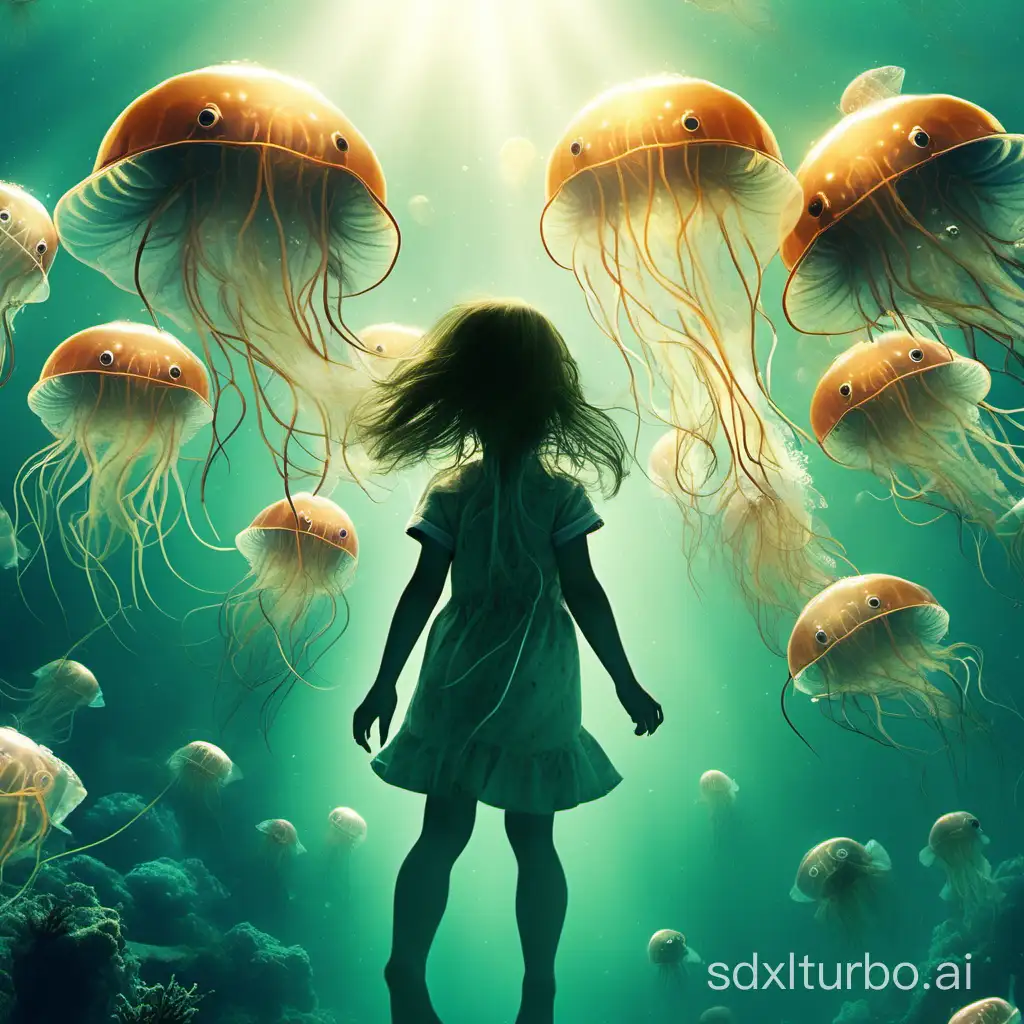 SciFi-Underwater-Adventure-Little-Girl-Observing-Clearwater-Jellyfish-and-Fish
