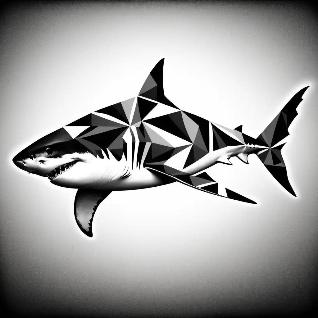 Abstract Geometric Black and White Great White Shark Art