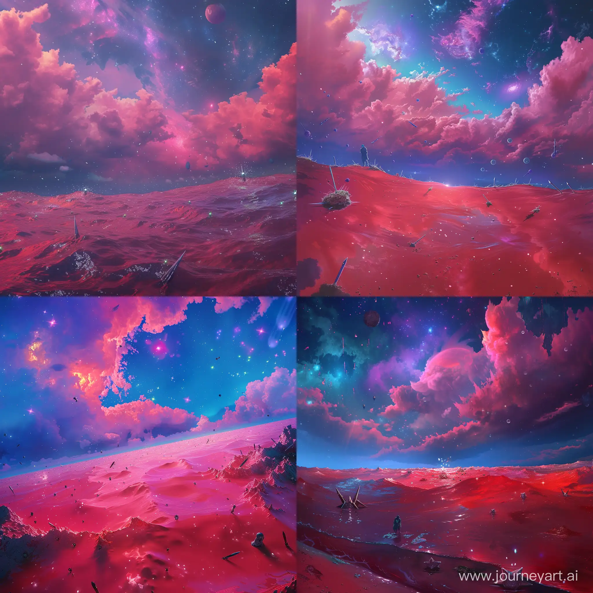 Combining your prompts, envision a surreal masterpiece of a scene featuring a remote corner of an unnamed planet, where a figure explores the depths of the ocean and is captivated by the breathtaking sight of a pink-hued sky above, with nebulous clouds and vibrant colors. The ethereal display beneath the surface, adorned with stars and sharp objects floating in the water, creates a mesmerizing and unsettling atmosphere, as the undulating ground evokes disorientation, creating a sense of being lost in a vast, limitless world. A cold, isolation vibe resonates as the underwater world is drenched in a deep, bloody red theme, exuding a profound sadness that captures the feeling of sickness and dying inside of nature. The surreal ambiance is enhanced by the otherworldly red tinge in parts of the water, leaving observers spellbound by the perfection and splendor of this underwater world. The sky above is a deep midnight blue, adorned with cosmic elements that create an otherworldly beauty, with magnificent, enormous celestial bodies shimmering in captivating shades of beautiful purples and indigos, imparting a high cosmical element that adds to the surrealism of the scene --q 4