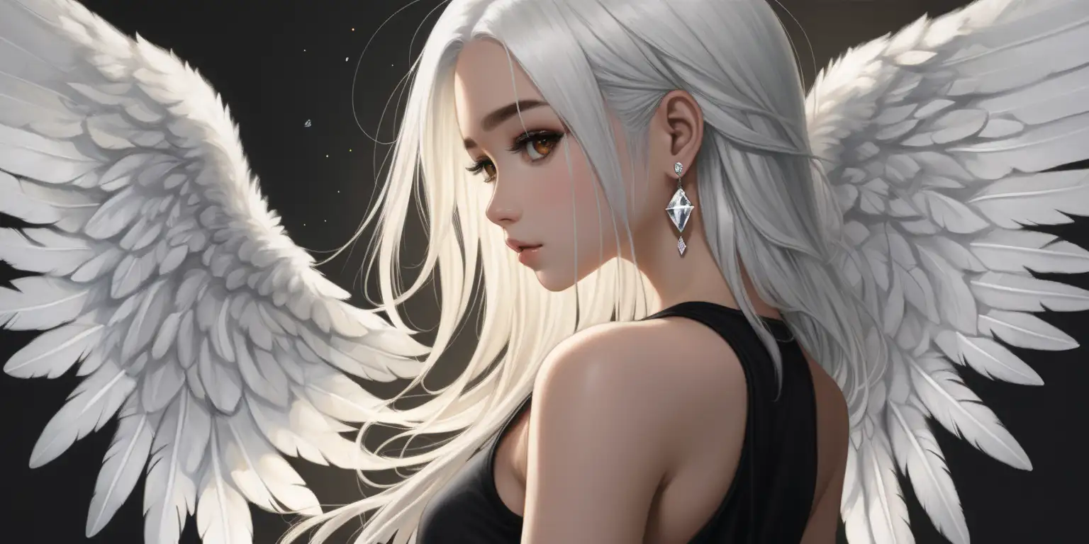 A young woman with white shiny hair down to her shoulders, brown eyes, wearing a black t-shirt, black jeans with no decoration, black boots and one diamond earring, has detailed white angelic wings on her back.