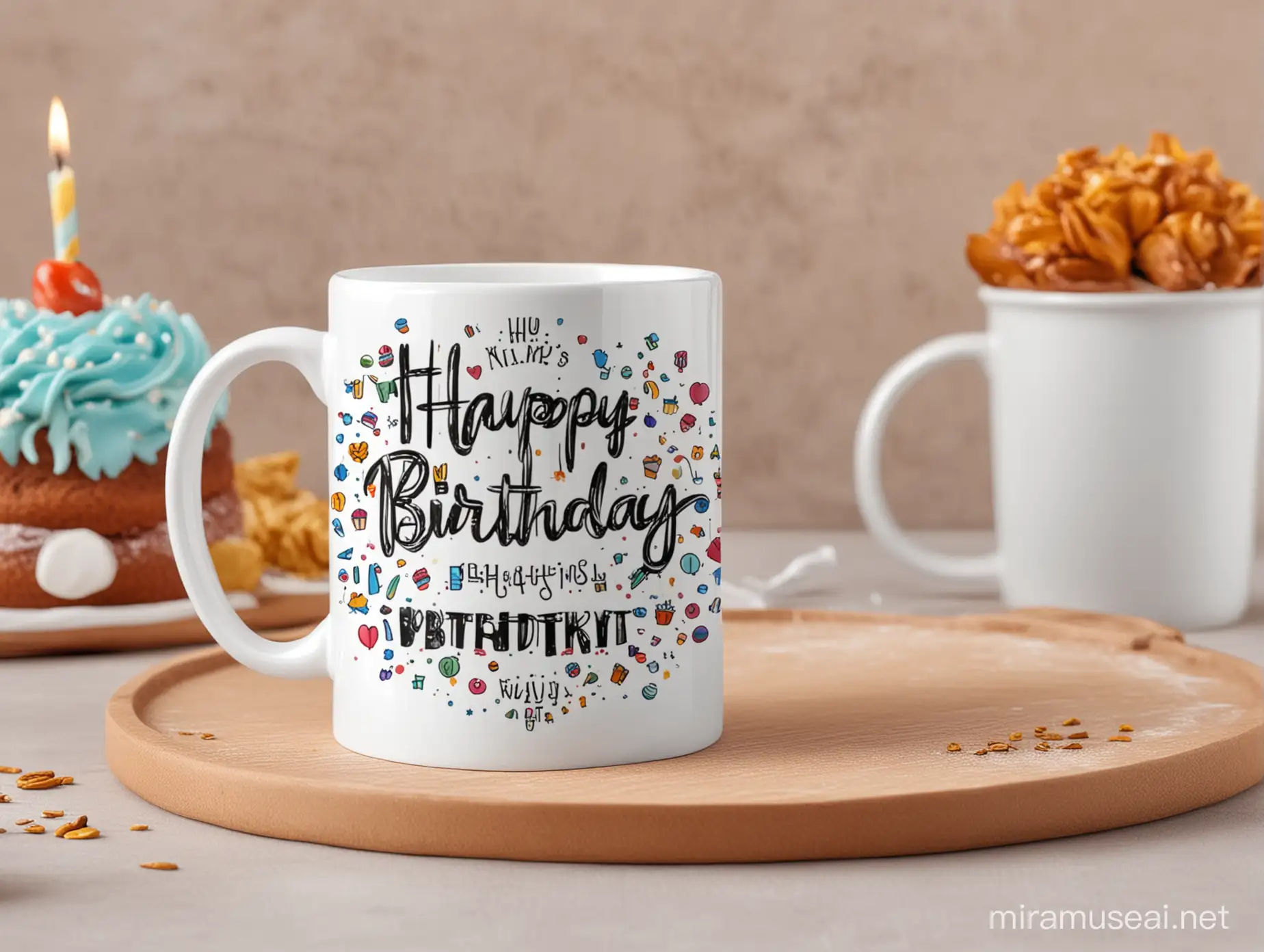 create a white mug with happy birthday design on it