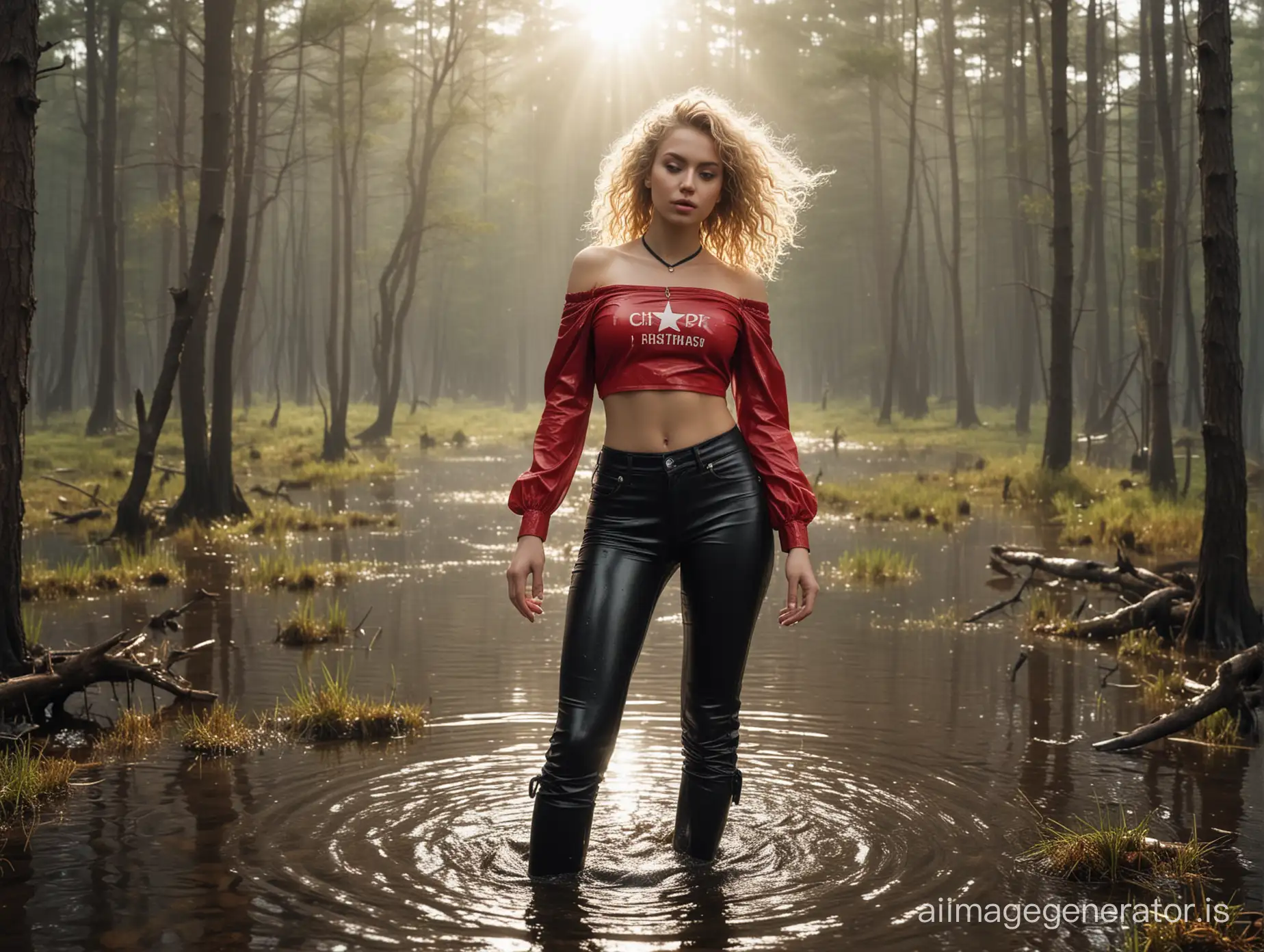 bottom view. standing waist-deep in a water swamp, fashion model disheveled blonde curly wet hair blowing in the wind woman, fashion poses, belly straightens hair with hands, slim waist, a soft smile. Wid leather collar and leather pants and elegant in an off-shoulder tight T-shirt with an inscription CCCP. red star. hammer and sickle. coniferous forest, rotten branches, sphegnum moss. cinematic shot. dawn, Sun rays, heavy rain, circles on the water