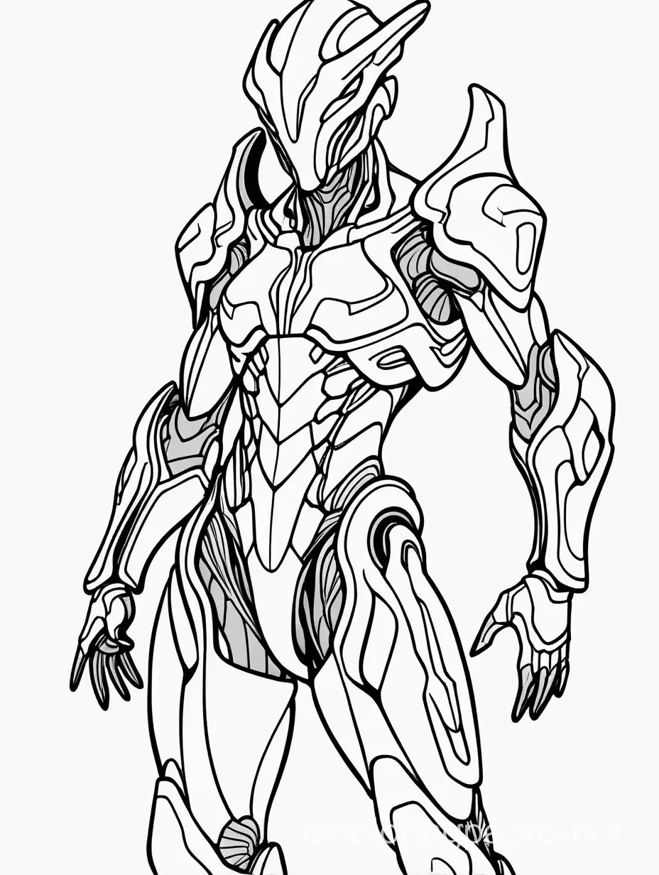 Warframe X, Coloring Page, black and white, line art, white background, Simplicity, Ample White Space. The background of the coloring page is plain white to make it easy for young children to color within the lines. The outlines of all the subjects are easy to distinguish, making it simple for kids to color without too much difficulty