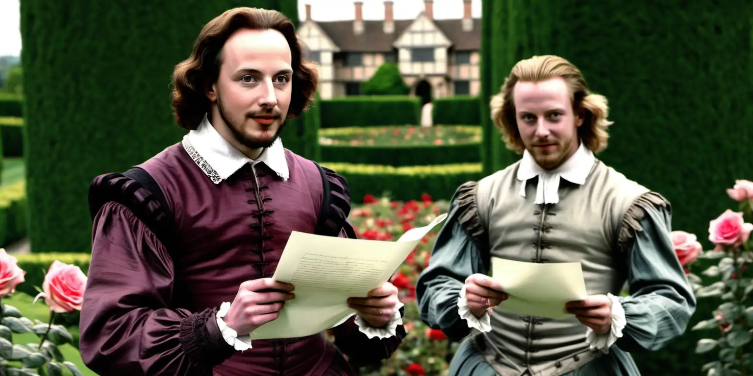 A color photo of a 26-year-old William Shakespeare holding a document. Besides him, Henry Wriothesley, an attractive 20-year-old man with blond hair and blue eyes. They are walking through a rose garden with a palatial house in the distance. They both appear content. The year is 1595