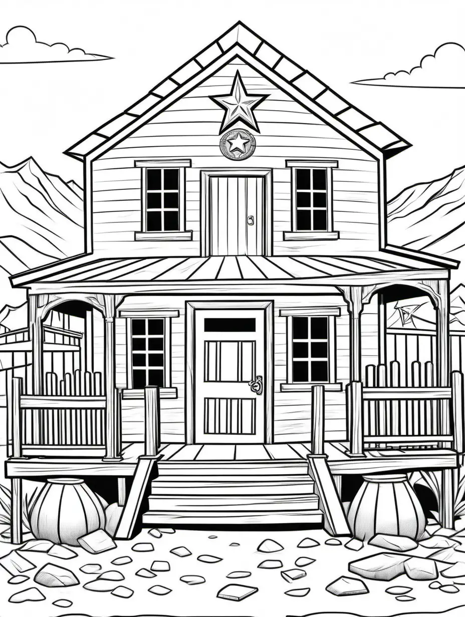 Coloring book page: Design a scene outside an Old West sheriff's office in an Old West town with a classic jailhouse, a sheriff, and perhaps a wanted poster