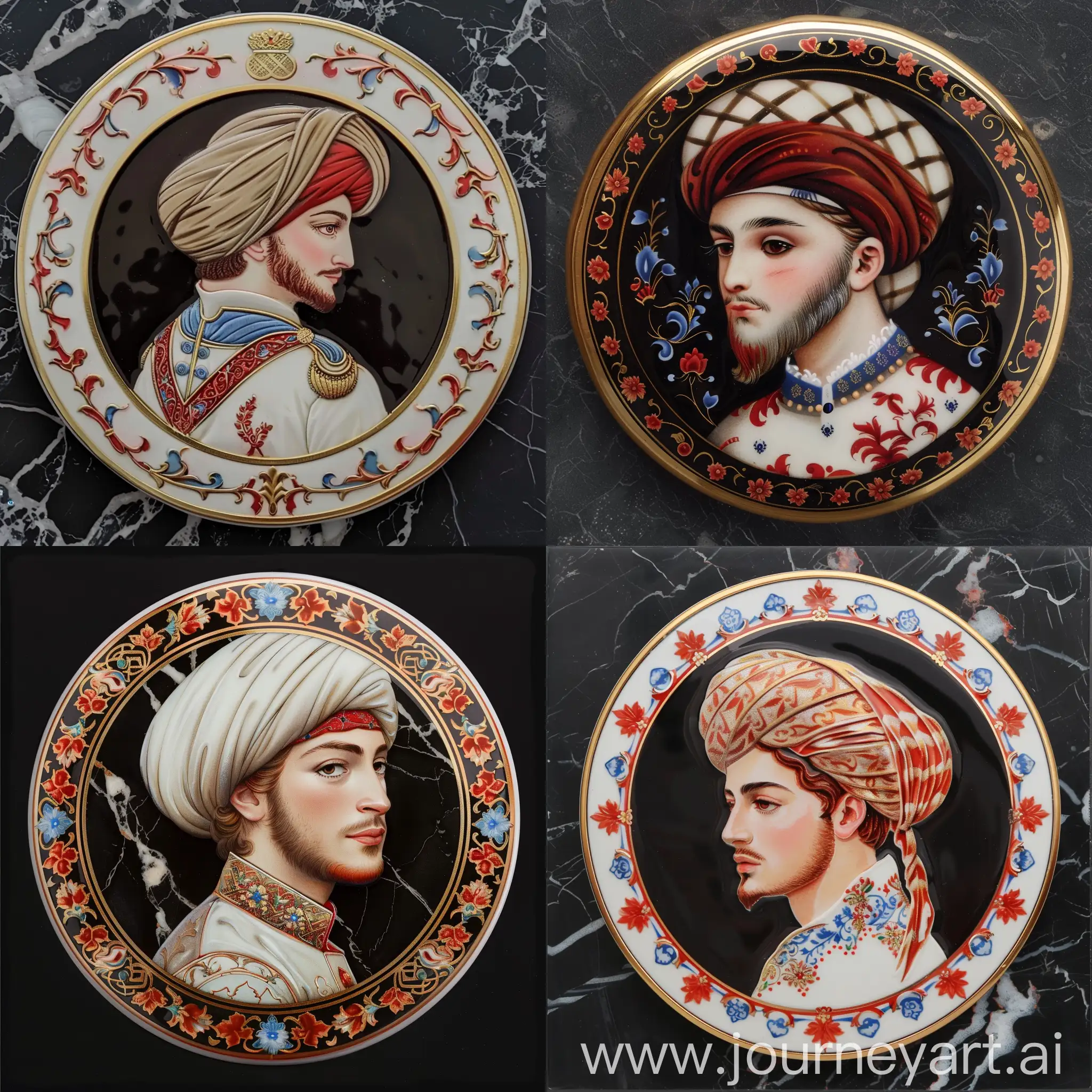 Round porclain seal: depicting a beautiful British prince wearing Ottoman turban and persian collar arabic dress, having brown eyes and red small sideburn beard, red white blue islamic arabesque floral motifs embossed around shiny golden border with crest, black marbled background; side view