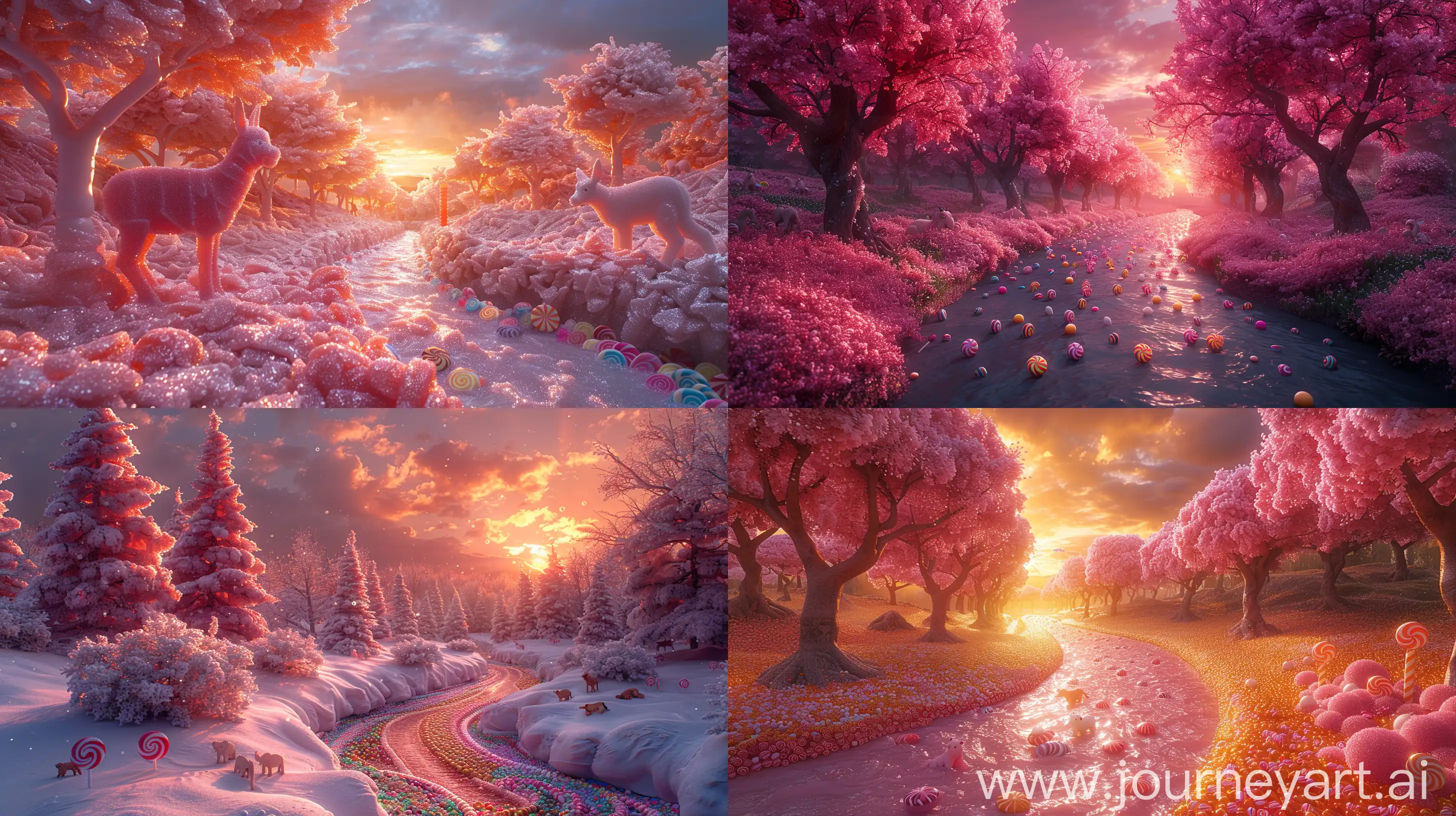 a very realistic photo of a magical enchanting forest with a river of colorful candies. the trees are made of lollipops. the animals are also made of candy. sunset. atmospheric lighting, colorful --s 1000 --ar 16:9