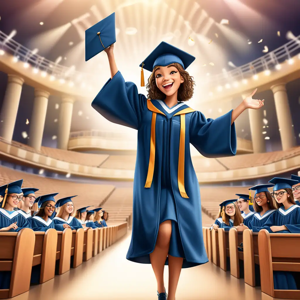 Create a 3D illustrator of an animated scene of a young woman graduating in her higher education would include her wearing a cap and gown, holding a diploma with a proud and joyful expression. The background would typically feature a stage or auditorium decorated for the graduation. 
Beautiful and spirited background illustrations.