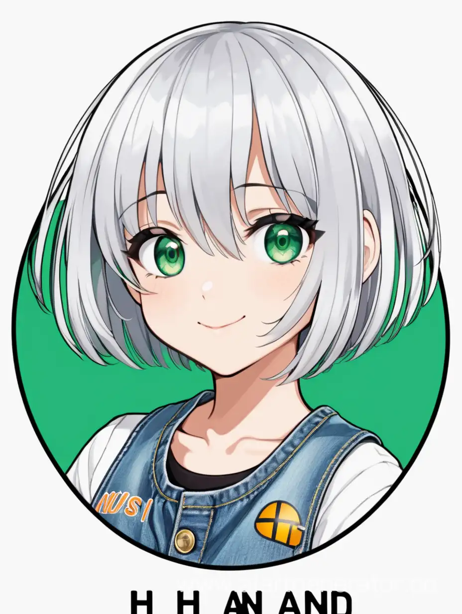 Круглая эмблема с надписью Hi и аниме девушкой. Девушка со стрижкой каре, волосы серебристые, одежда джинсовая, глаза зеленые, белый фон