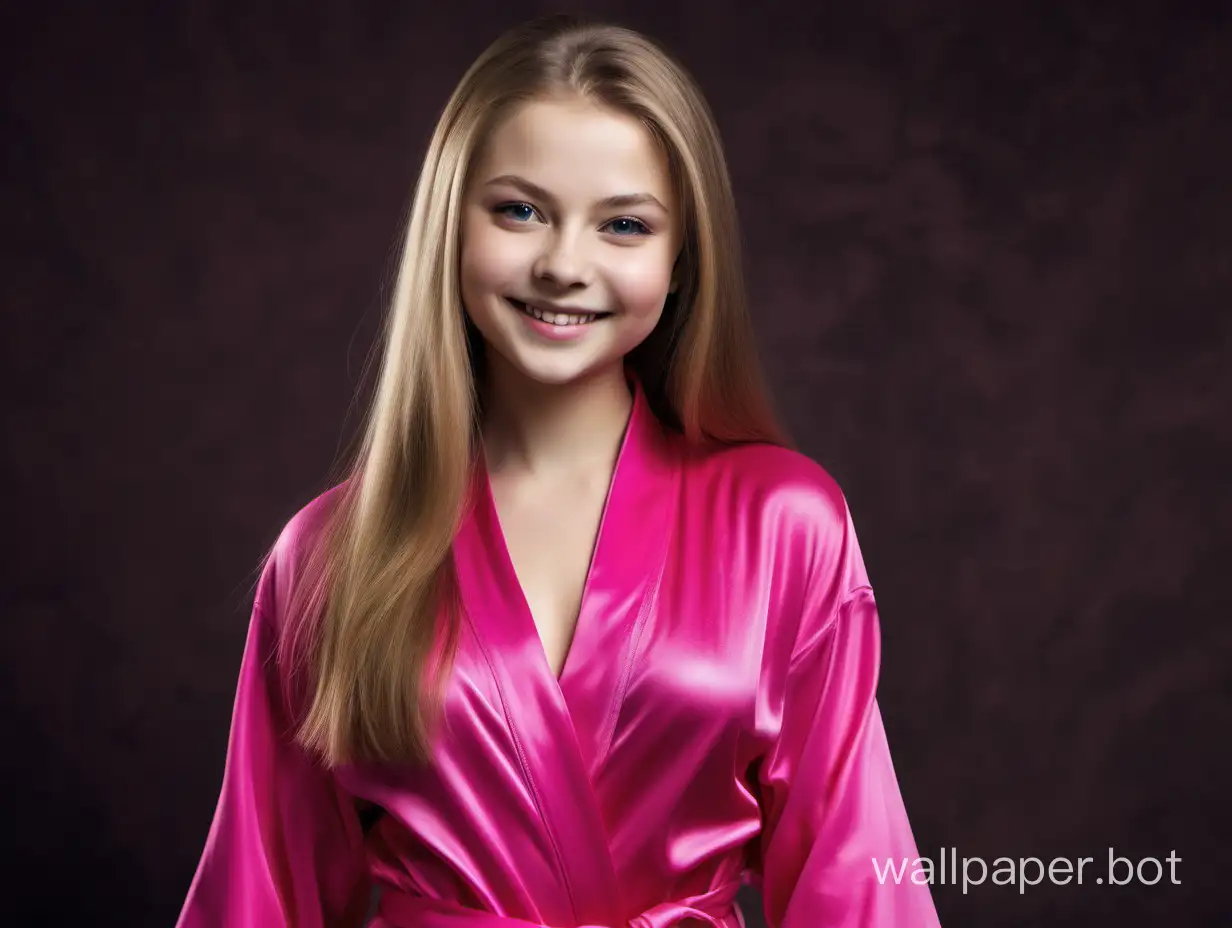 Sexy Yulia Lipnitskaya with long straight silky hair beautifully Smiling in luxurious Pink Fuchsia Silk Robe