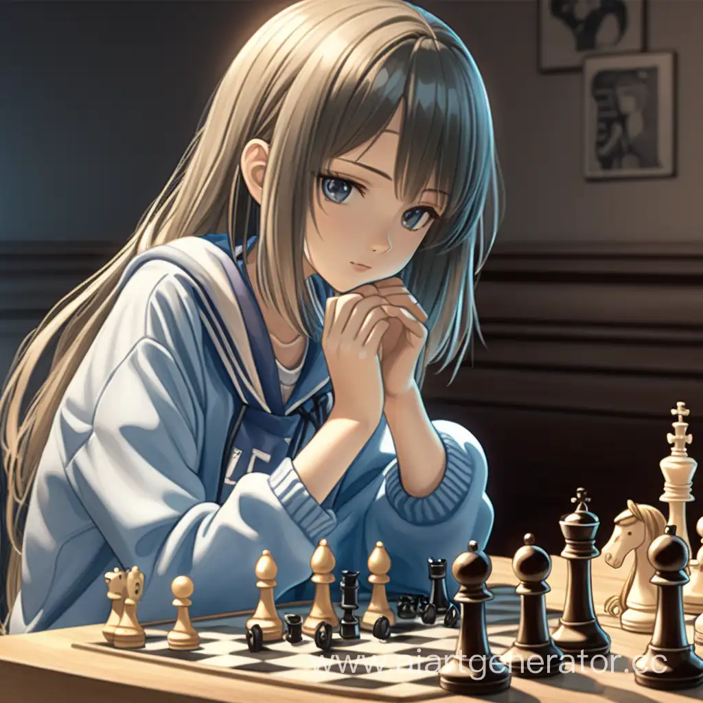Аниме девочка одетая очень легко играет в шахматы