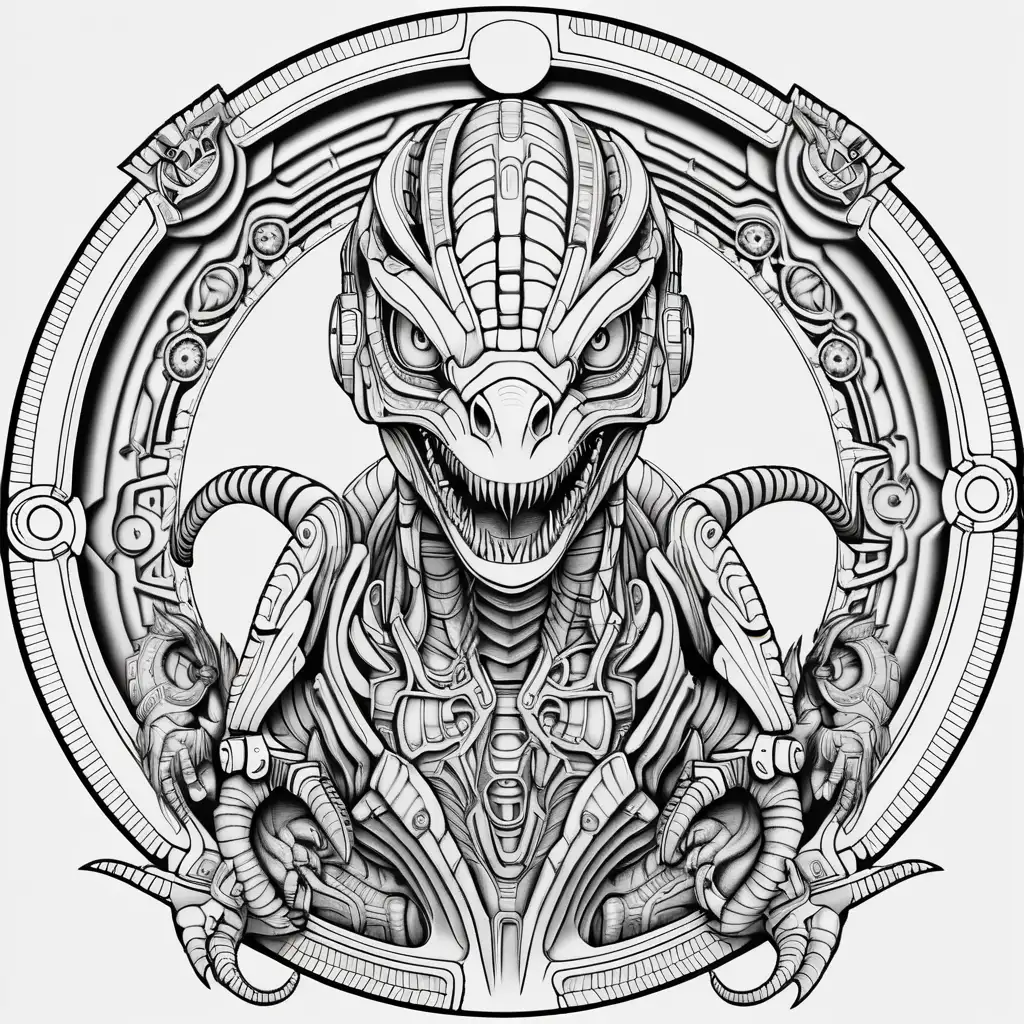 Coloring book image. Black and white only.  Symmetrical and balanced mandala with robot velociraptor in style of H.R Giger.  Clean and clear outlines that allow for easy coloring. Ensure the design provides ample space for creativity and coloring.
